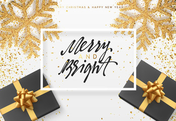 Fototapeta na wymiar Christmas background with gifts and shining golden snowflakes. Merry Christmas card vector Illustration.
