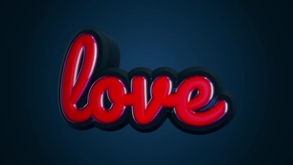 The word love is in small, red letters moving slowly on dark blue background. Volumetric letters and the inscription love making a half turn, seamless loop.