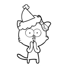 line drawing of a cat wearing santa hat