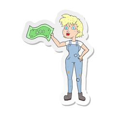 sticker of a cartoon confident farmer woman with money