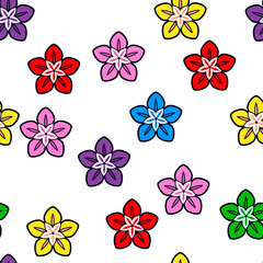 Fototapeta na wymiar Colorful flower seamless pattern on white background. Paper print design. Abstract retro vector illustration. Trendy textile, fabric, wrapping. Modern space decoration.
