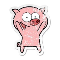 distressed sticker of a happy pig cartoon