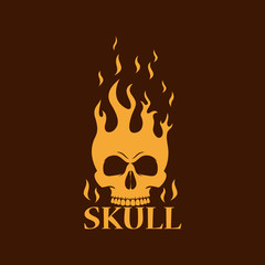 Color illustration of a dark background a fiery skull and text