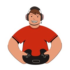 Gamer playing a video game on the console. Vector cartoon illustration.