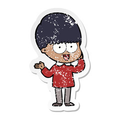 distressed sticker of a happy cartoon boy
