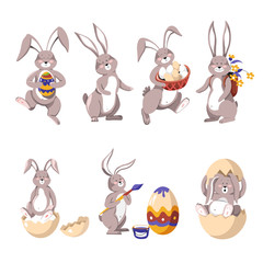 Fototapeta premium Easter rabbit with painted eggs and flowers holiday bunny