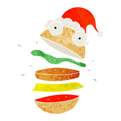 retro cartoon of a amazing burger wearing santa hat