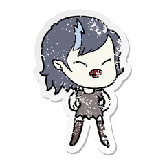 distressed sticker of a cartoon laughing vampire girl