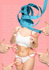 Contemporary modern art collage. Female body. Fat lose, liposuction and cellulite removal concept....