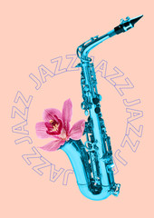 Blue saxophone on pink background. Contemporary art collage. good taste in music