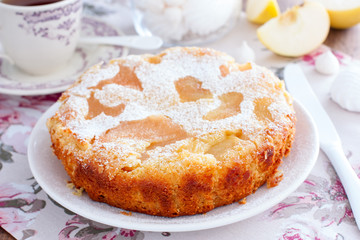 Vegan Apple Pie on a white plate, selective focus