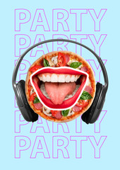 Funny art collage. Pizza eyes with red lips. Contemporary modern image. Emotions hungry person, dreams of food. Summer time, holiday, party, sea concept