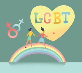 Flat vector illustration of Lgbt couple run on rainbow and big heart on background. Happy valentines day for bisexual community.  Concept of freedom in love. lesbian family.