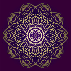 Design Floral Mandala Ornament. Vector Illustration. For Coloring Book, Greeting Card, Invitation, Tattoo. Anti-Stress Therapy Pattern. Luxury purple gold color
