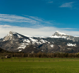 panorama mountain landscape in the Rhine Valley of Switzerland near Sargans