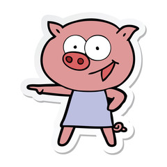 sticker of a cheerful pig in dress pointing cartoon