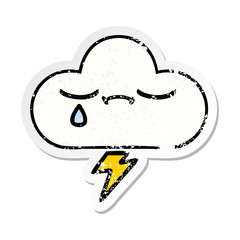 distressed sticker of a cute cartoon thunder cloud