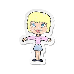 retro distressed sticker of a cartoon woman with open amrs