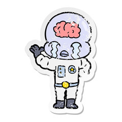 distressed sticker of a cartoon big brain alien crying