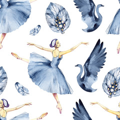 Ballet seamless pattern with ballerina symbols: tutu, pointe, swan. Cute backdrop for ballet school, dance class invitation flyers and cards decoration. Gold and pink illustration on white background. © Natali_Mias