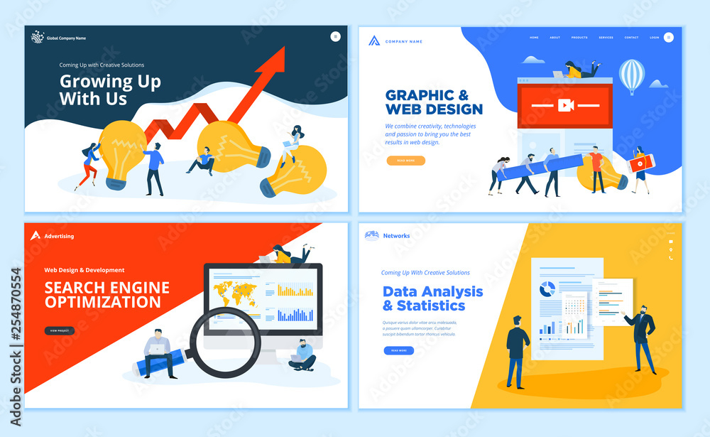 Poster set of flat design web page templates of creative solution, graphic and web design, seo, data analys