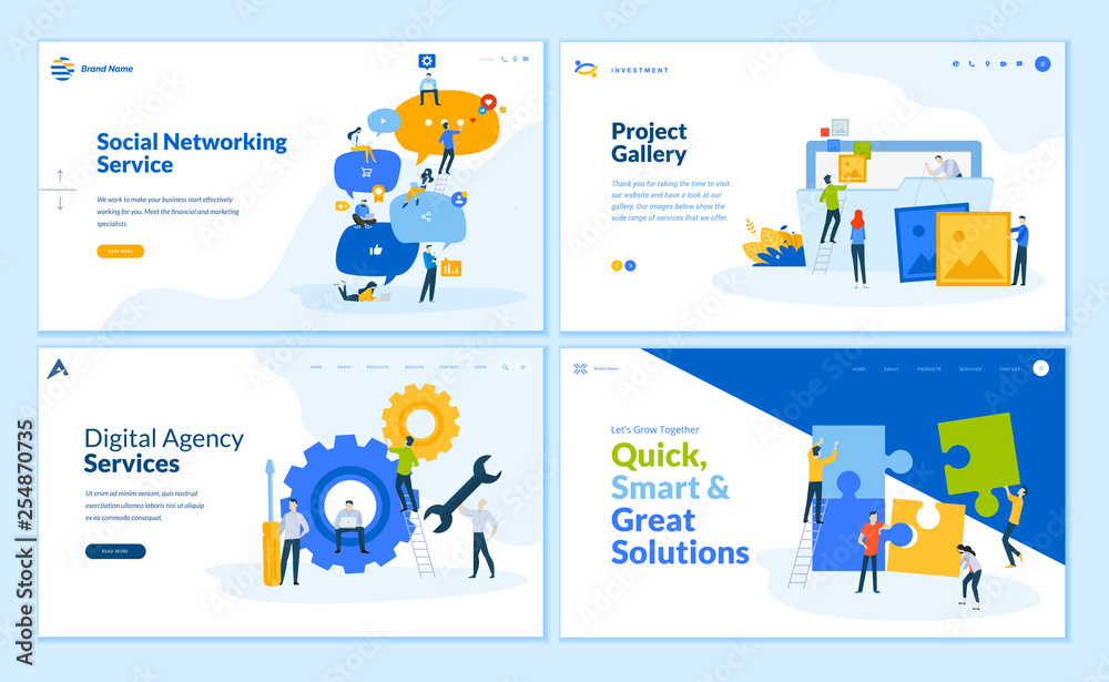 Poster set of flat design web page templates of social networking, business solutions, seo, project gallery