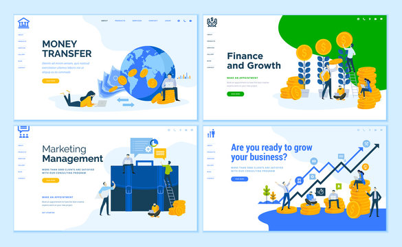 Set of flat design web page templates of business, finance, online money transfer, consulting. Modern vector illustration concepts for website and mobile website development. 