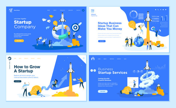 Set of flat design web page templates of startup company, business ideas, consulting, crowdfunding. Modern vector illustration concepts for website and mobile website development. 