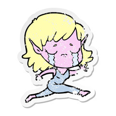 distressed sticker of a crying cartoon elf girl