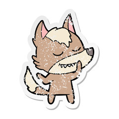 distressed sticker of a friendly cartoon wolf