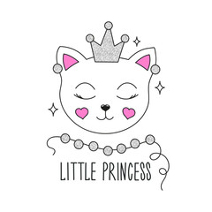 Cute kitten illustration. Little Princess text. Design for kids. Fashion illustration drawing in modern style for clothes. Girlish print. Glitter, unicorn, Princess.