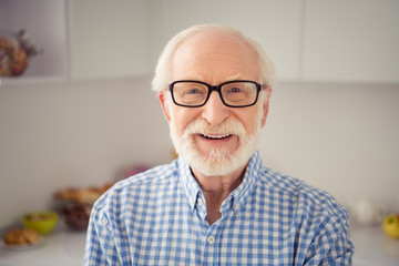 Close up portrait grey haired he his him grandpa sincerely gladly toothy smiling wearing specs casual checkered plaid shirt jeans denim outfit standing bright light flat kitchen room