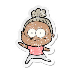 distressed sticker of a cartoon happy old woman