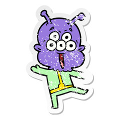 distressed sticker of a happy cartoon alien dancing