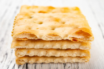 crispy crackers stacked up and the top cut into half