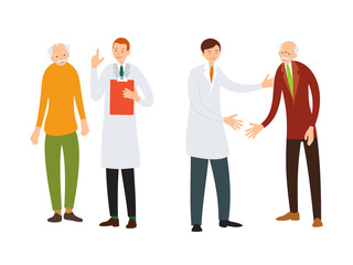 Doctor and patient. Medical specialist consulting with an elderly patient. Practitioner welcomes an old sick man. Cartoon illustration isolated in flat style on white background