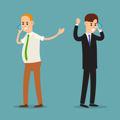Fototapeta na wymiar Screaming man on phone. Emotional business communication. Aggressive behavior of a businessman. Stressful situation. Business man shouting on the phone. Cartoon illustration isolated in flat style