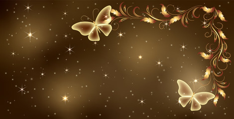 Stellar space background with magical butterflies and golden ornament