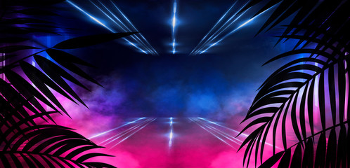ackground of the dark room, tunnel, corridor, neon light, lamps, tropical leaves. Abstract background with new light.