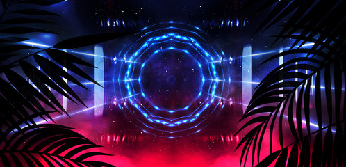 ackground of the dark room, tunnel, corridor, neon light, lamps, tropical leaves. Abstract background with new light.