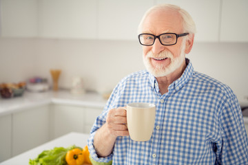 Close up portrait cheer grey haired he his him grandpa hot beverage hand arm look window ponder pensive imagination flight wear specs casual checkered plaid shirt jeans denim outfit light room