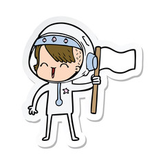 sticker of a happy cartoon space girl holding flag