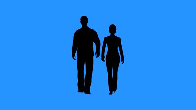 Couple walking together. Black silhouettes of man and woman walking on blue background. Relations between men and women concept.