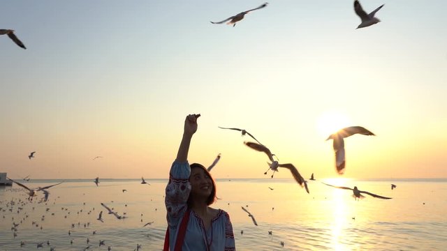 Girl feeding food a seagull in flight by hand.Gull bird flying hover come around to eat on beautiful twilight sunset sky over the sea at Bang Pu, Thailand.Freedom,Vacation,Travel,Holiday Concept.