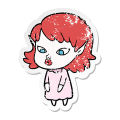 distressed sticker of a cartoon elf girl with pointy ears