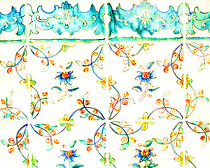 Detail of the traditional tiles from facade of old house. Decorative tiles.Valencian traditional tiles. Floral ornament.