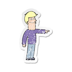 retro distressed sticker of a cartoon man pointing
