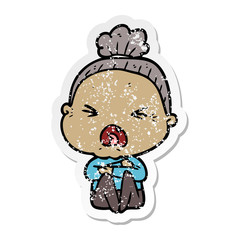 distressed sticker of a cartoon angry old woman