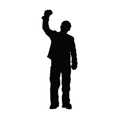 Black outline of a man with big hands, raising his hand in protest