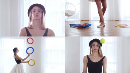 4 in 1. Young woman ballerina performing circus tricks in bright studio